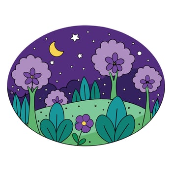 A cartoon illustration of a night scene with purple flowers and trees vector