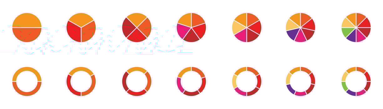 Pie charts diagrams. Different color circles. donut and pie chart infographic elements set. Colorful diagram collection with. Circle icons for infographic. vector