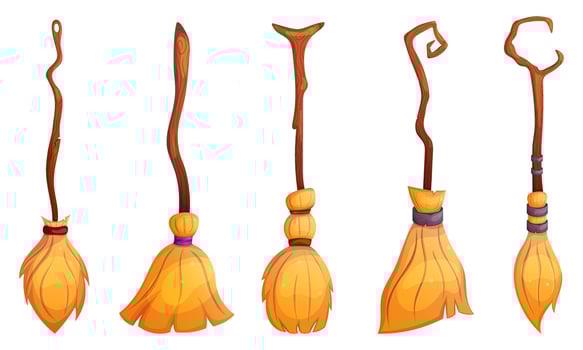 Halloween witch magic cartoon broom set. Besom collection isolated on white. vector