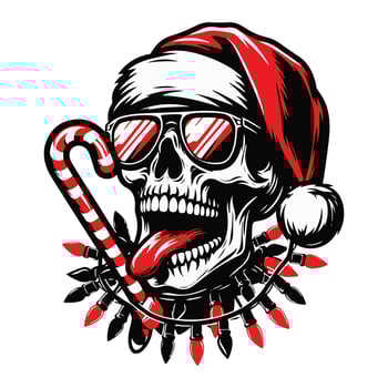 Cool Skull Wearing Sunglasses and Santa Hat, Holding Candy Canes vector