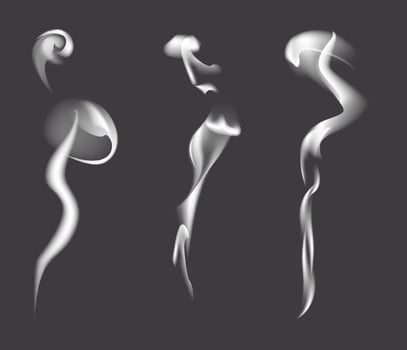 Set of realistic smoke pattern or fire steam effect isolated on dark background. White smoke or misty fog with overlay texture. Transparent smoke or cloud set as weather element. Chimney smoke vector