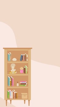 Vertical bookshelf template for Instagram stories. Cozy illustration with books and decor, perfect for content about reading, home libraries, or interior design. vector