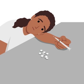 Young addicted woman needs doctor help to stop using antidepressants and narcotic substances. vector