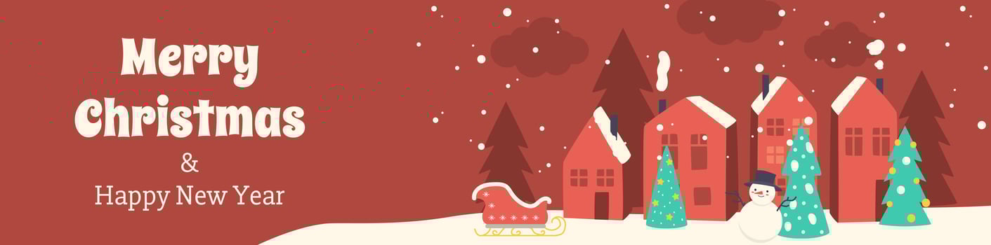 Merry Christmas banner design. Xmas party invitation template with winter snow city with cute red houses and festive fir trees with toys, Santa Claus sleigh and happy snowman. illustration. vector