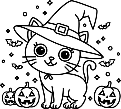 Cute halloween cat in witch hat with pumpkins and bats coloring page vector