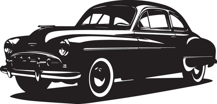 An old car is shown in black and white vector