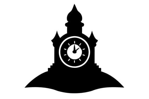A black and white silhouette of a castle with a clock vector