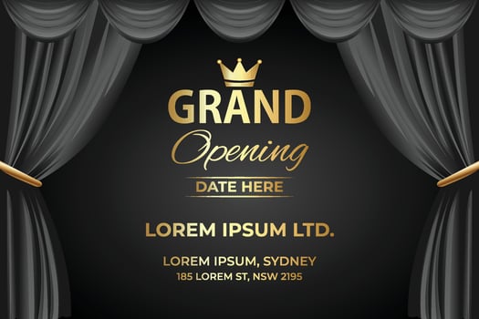 Elegant Grand Opening Banner with Grey Curtain and Gold Text for Business Events. vector