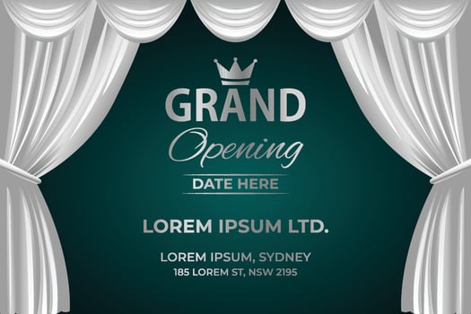 Elegant Grand Opening Banner with white Curtain and Gold Text for Business Events. vector