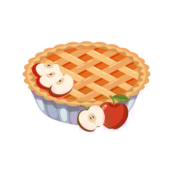 Baked apple pie with apple pieces. Traditional holiday food, dessert, sweet. Flat illustration vector