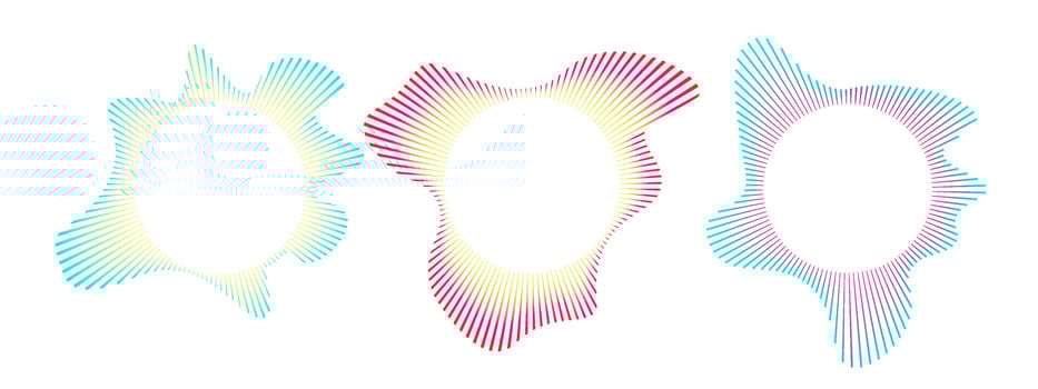 Set of multicolored neon sound waves. Sound lines, radial spectrum, sound equalizers. Circular geometric wavy frame. radial spectrum. Multicolored audio lines clipart. vector