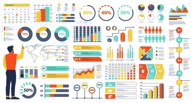 Businessman Presenting Statistics Infographic Icons Set, Flat Design vector