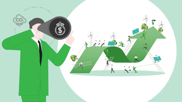 ESG sustainability business visionary. Carbon credit vision from reduce carbon footprint and carbon dioxide to carbon offset. Vision of Green Profit Arrow vector