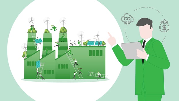 ESG sustainability business policy. Carbon credit calculate from reduce carbon footprint and carbon offset. Profit of green factory vector