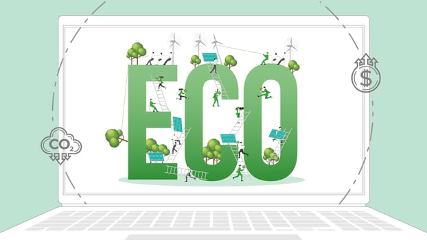 ESG sustainability business policy. Carbon credit calculate from reduce carbon footprint and carbon dioxide to carbon offset. Laptop computer notebook with ECO on desktop. vector