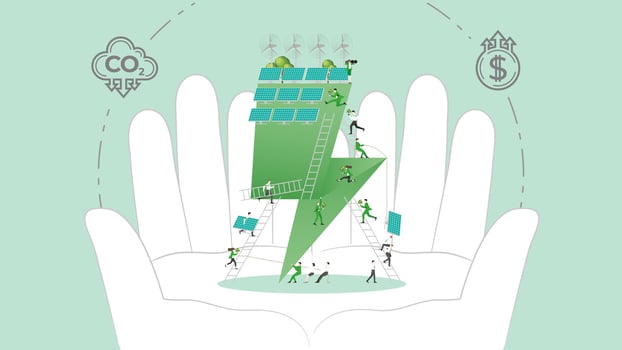 ESG sustainability policy in hand. Carbon credit calculate from reduce carbon footprint and carbon dioxide to carbon offset. Green Energy in Hand. vector
