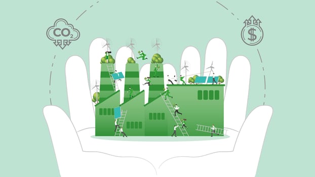ESG sustainability policy in hand. Carbon credit calculate from reduce carbon footprint and carbon dioxide to carbon offset. Factory in Hand. vector