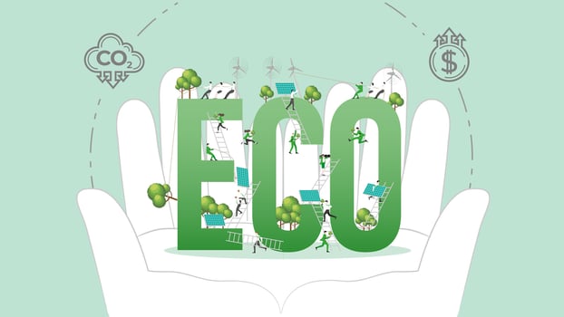 ESG sustainability policy in hand. Carbon credit calculate from reduce carbon footprint and carbon dioxide to carbon offset. ECO in Hand. vector