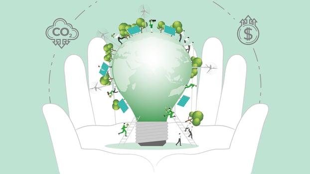 ESG sustainability policy in hand. Carbon credit calculate from reduce carbon footprint and carbon dioxide to carbon offset. Earth light bulb in Hand. vector
