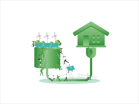 Employees Collaborating for a Green Concept House. ESG sustainability business policy, vector