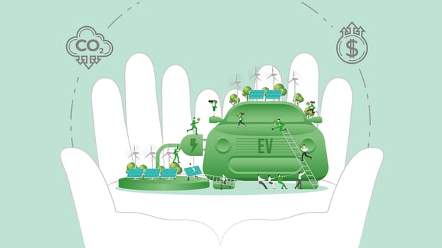 ESG policy Electric Vehicle in hands. Carbon credit calculate from reduce carbon footprint and carbon dioxide to Net Zero Goal in 2050. vector