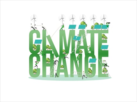 Employees collaborate work for Climate change. ESG sustainability business policy of net zero, carbon footprint, emission vector