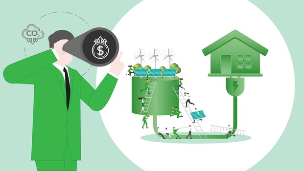 ESG sustainability business visionary to green electric power in house. Carbon credit vision from reduce carbon footprint and carbon dioxide to Net Zero in year 2050 vector