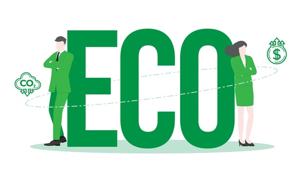 Achieving Environmental Goals in a Sustainable Business Environment with Confident Businessman and Businesswoman standing pose with ECO. vector