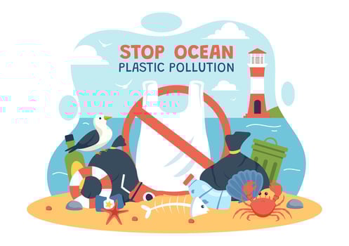 Stop Marine Plastic Pollution Illustration with Trash Damaging Fish and Coral Reefs vector