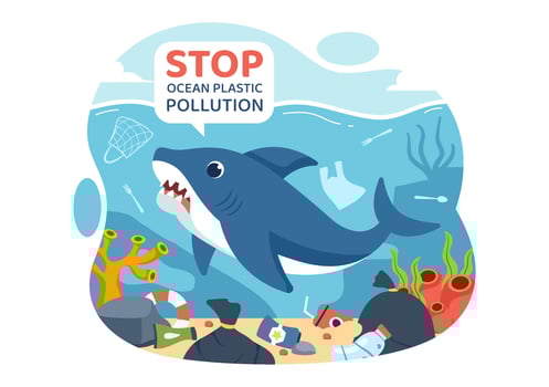 Underwater Pollution Illustration of Plastic Waste Bags and Bottles in the Ocean vector