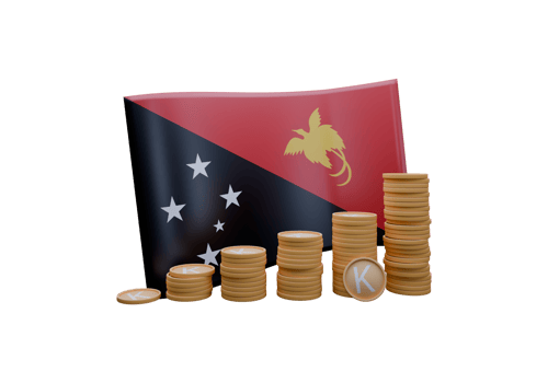 Tasteful 3D render illustration of Papua New Guinea flag and currency called Kina png