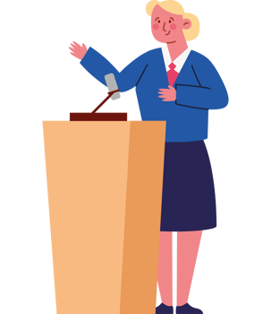 A woman is giving a speech at a podium png