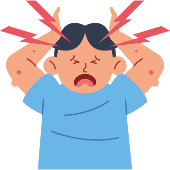 A man with a headache and lightning bolts on his head png