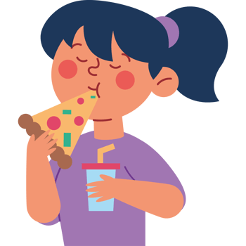 A girl eating pizza and drinking a drink png