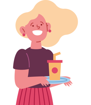 A woman holding a tray with a drink and a straw png