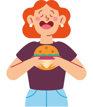A woman holding a hamburger in her hands png
