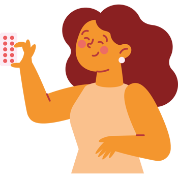 A woman holding up a pill bottle png