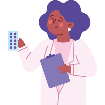 A woman in a lab coat holding a pill png