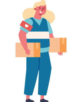 A woman in blue and white uniform holding boxes png