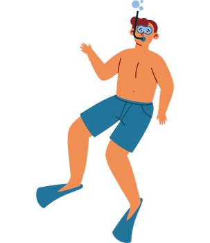 A cartoon man in swimming trunks and goggles png