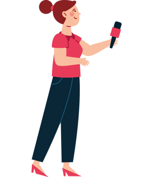 A woman holding a microphone and talking to someone png