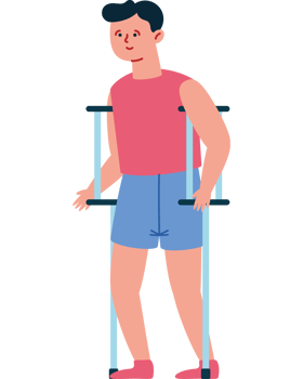 A man with crutches and a leg brace png