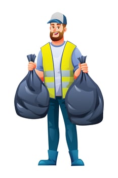 Worker with hat and safety vest holding garbage bags near a recycling bin. Cartoon illustration vector