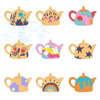 Set of teapot in cartoon doodle flat style. Element for design, posters, fabric patterns, kitchen decor, cafe, dining room, logo vector