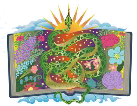 Hand drawn colorful illustration with open book, flowers and snake - symbol of the year according to eastern horoscope. Esoteric, gothic and mystic graphic artwork vector