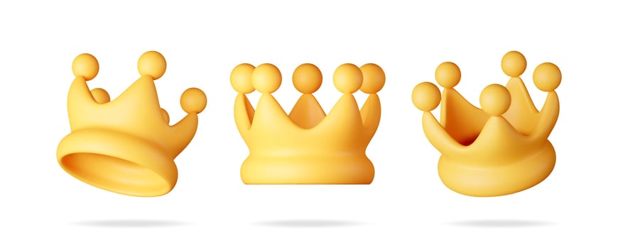 3D set of gold crown icon isolated. Render metal crown vector