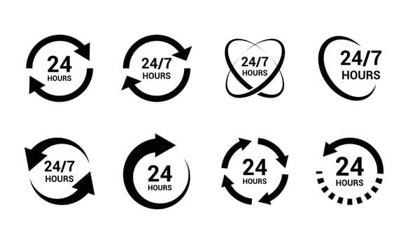 24 7 service icon set. Support 24 hours a day and 7 days a week. can be used in logo, UI and web design. 24-7 service concept. vector