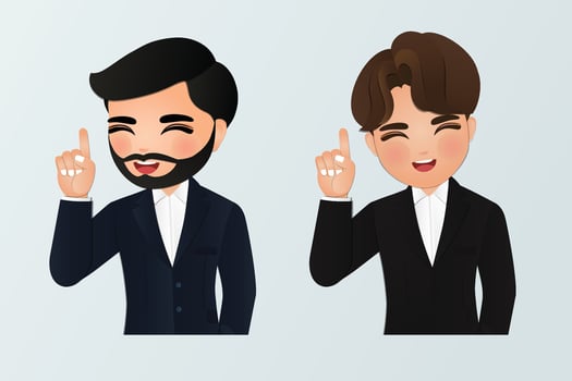 Happy business man entrepreneur pointing up by fingers vector