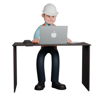 Professional Architect 3D Cartoon. An Architect stands at a work desk with both hands on the table. Male Design Specialist png