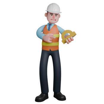Architect Character 3D. An Architect stands holding a protractor in his left hand while his right hand points at the ruler. Illustrated Building Designer png